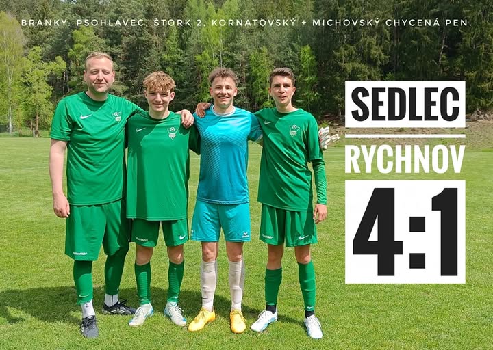 KSNP Sedlec - Dolní Rychnov 4:1 (2:1) 11. 5. 2025, 1.B třída. Branky Sedlece :  Štork 2, Psohlavec, Kornatovský. Dnes už jsme body potřebovali jako sůl a začátek se povedl. V 10. min. Korny dal ulici za obranu, Štork utekl a k tyči 1:0 Pak sice po zbytečné chybě Rychnov vyrovnal, ve 27. min. opět Štork vrátil vedení na stranu Sedlece, prohodil si dva obránce a prostřelil gólmana - 2:1. Po přestávce vyrovnaný fotbal pokračoval, ale mírná převaha (a šance) byla na straně domácích. V 65. min pronikl Kilyk do vápna, obránce ho sestřelil, pentle. K míči se postavil kapitán Psohlavec a s jistotou proměnil - 3:1.  O 10 min. později předvedli parádní kombinaci Štorkys - Korny, ten zachoval chladnou hlavu a nedal gólmanovi šanci, 4:1. V 80. min. se Rychnov ještě snažil se zápasem něco udělat, ale proti byl gólman Michovský, který chytil penaltu. Nás výrazně omlazený tým si už výhru nenechal ujít a zaslouženě bere tři body. 
